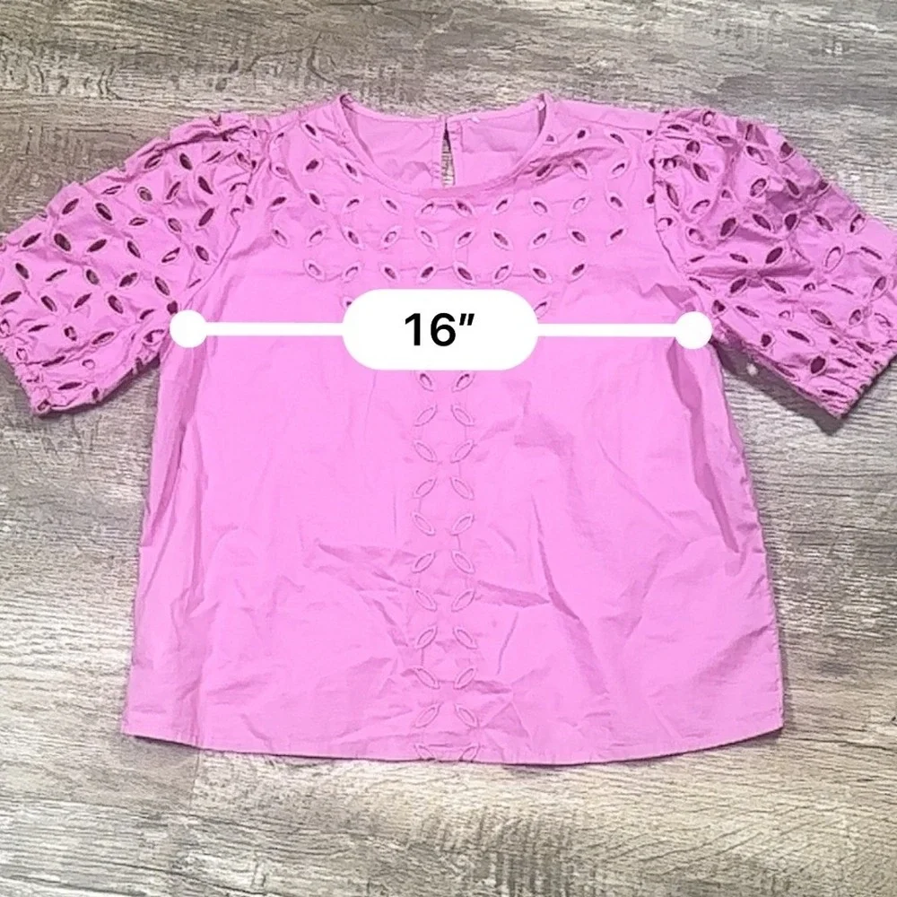 Loft Pink Eyelet‎ Puff Sleeve Cotton Top Womens Small XS Short Sleeve Crew Neck